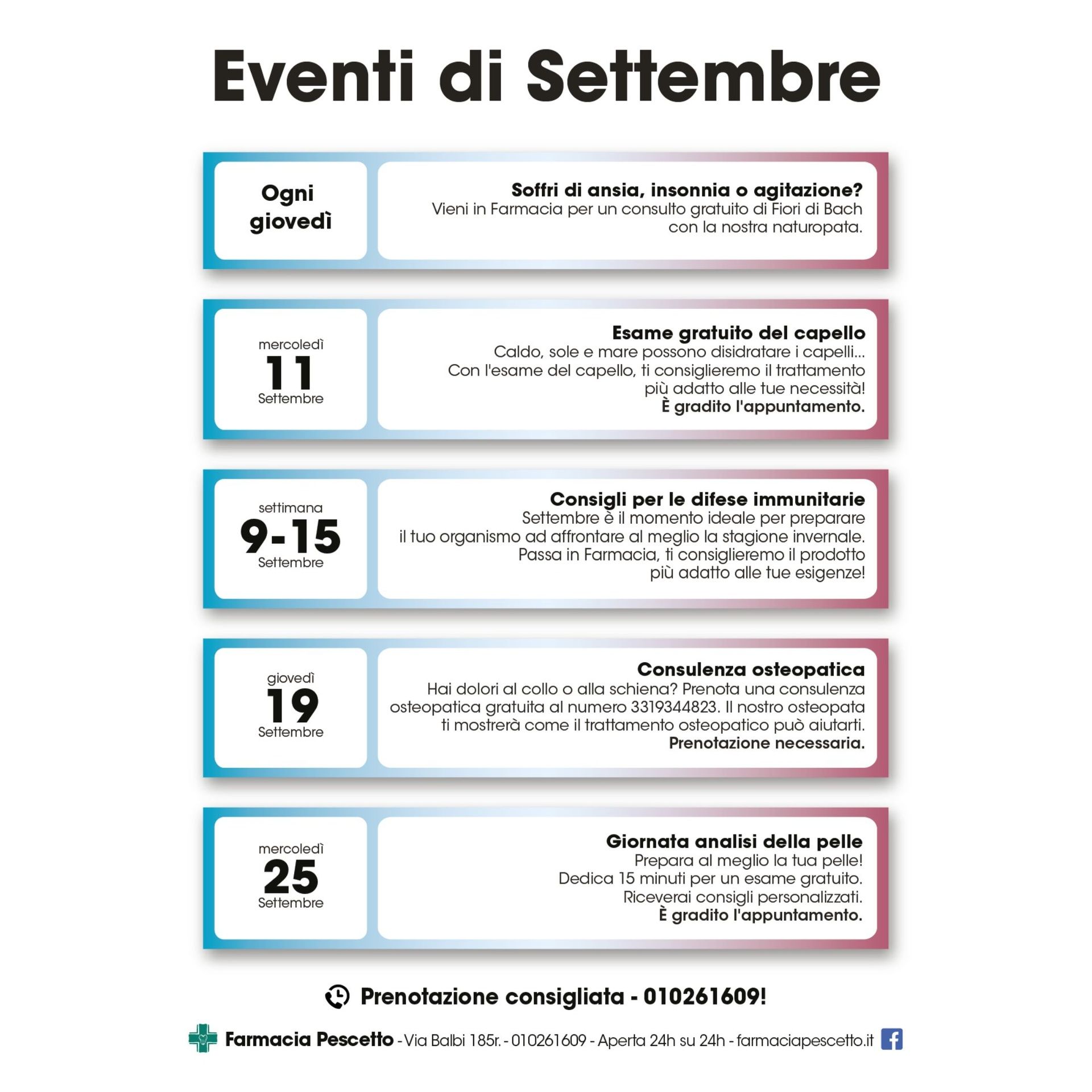 Eventi Settembre Farmacia Pescetto 2024